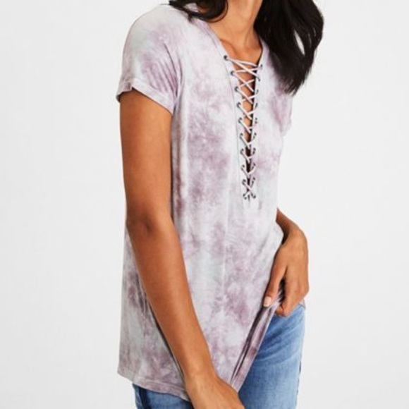 American Eagle Outfitters Tops - American Eagle Outfitters Lavender Tie-Dye Lace-Up V-Neck Short Sleeve Tee